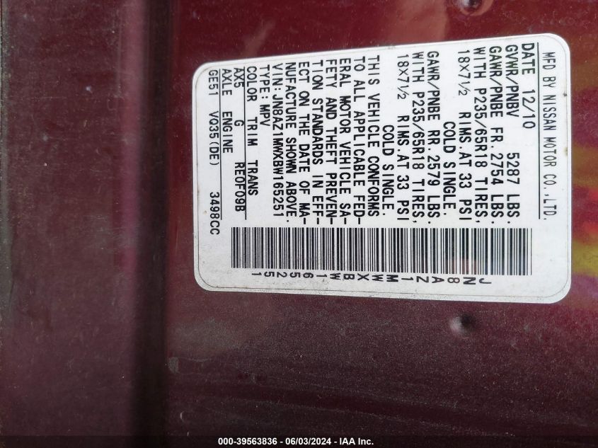 2011 Nissan Murano Sl VIN: JN8AZ1MWXBW165251 Lot: 39563836