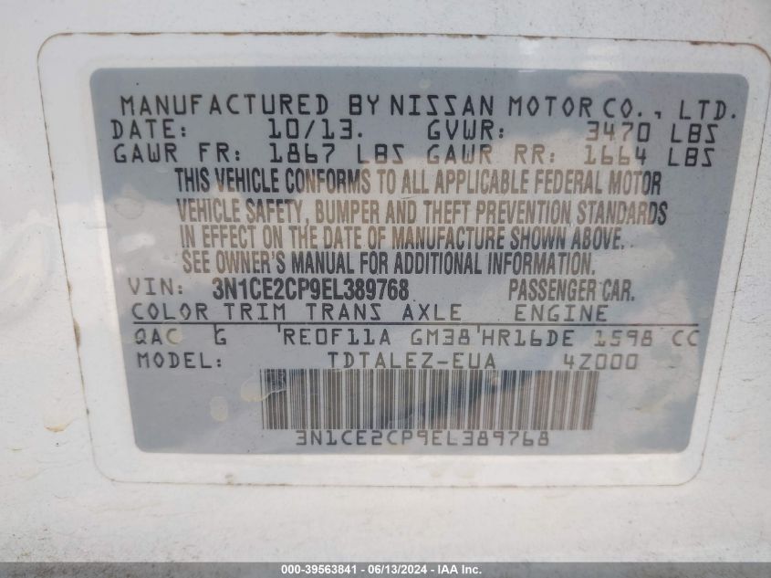 2014 Nissan Versa Note Sv VIN: 3N1CE2CP9EL389768 Lot: 39563841