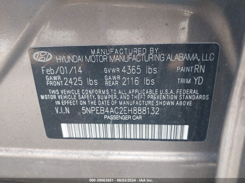 2014 HYUNDAI SONATA GLS - 5NPEB4AC2EH888132