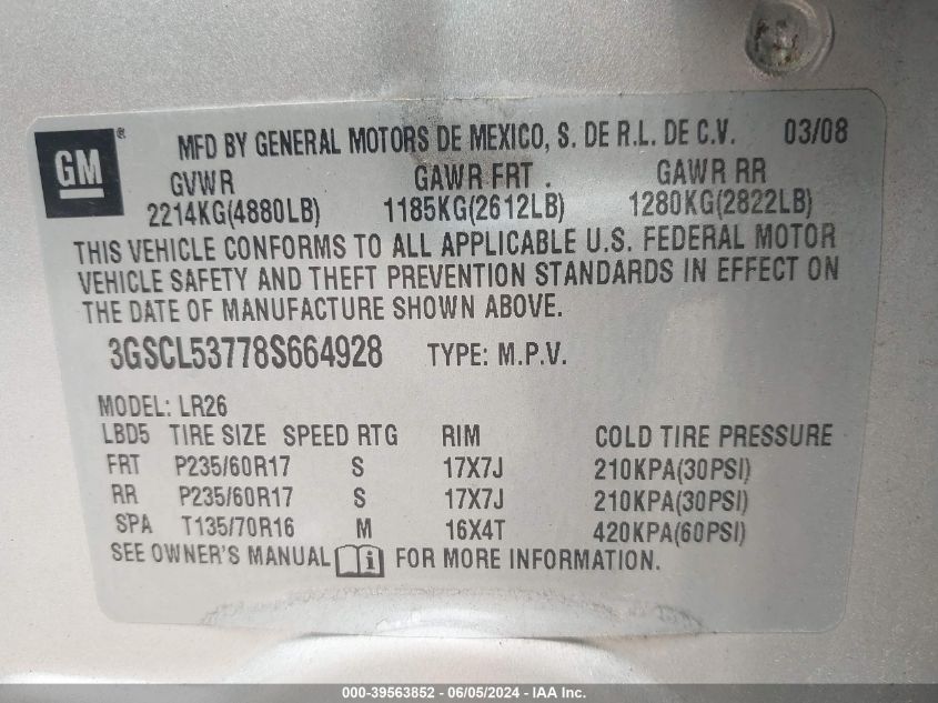 2008 Saturn Vue V6 Xr VIN: 3GSCL53778S664928 Lot: 39563852