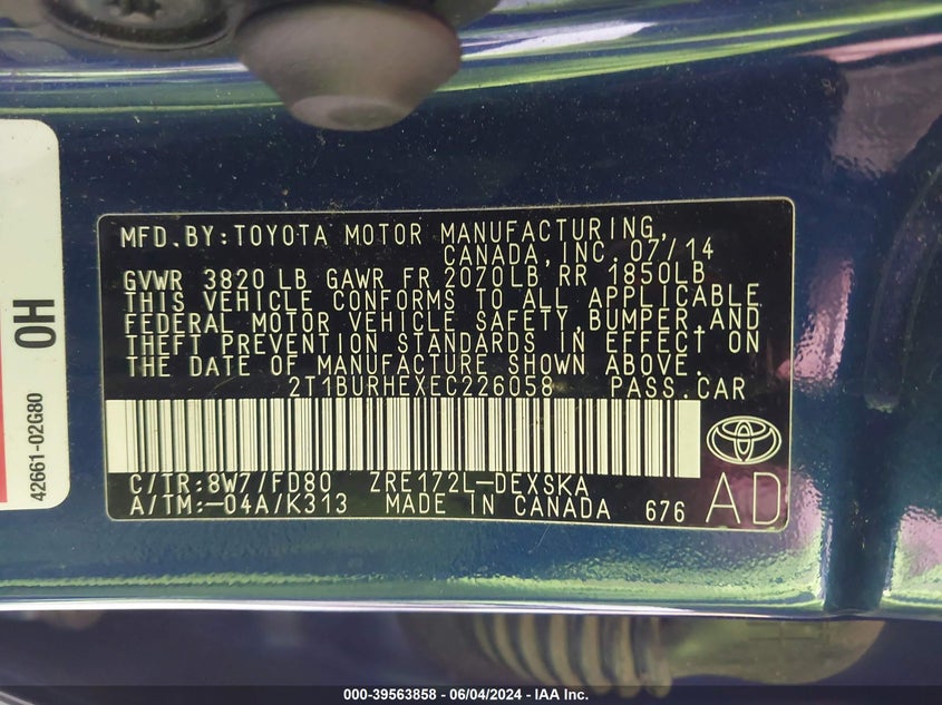 2014 Toyota Corolla S Plus VIN: 2T1BURHEXEC226058 Lot: 39563858