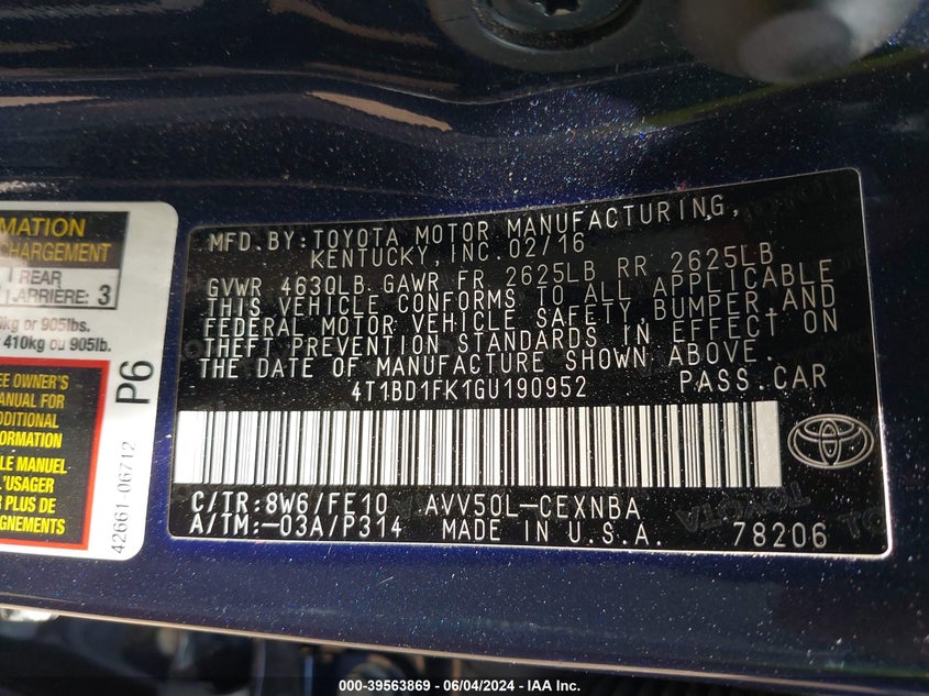 2016 Toyota Camry Hybrid Le VIN: 4T1BD1FK1GU190952 Lot: 39563869