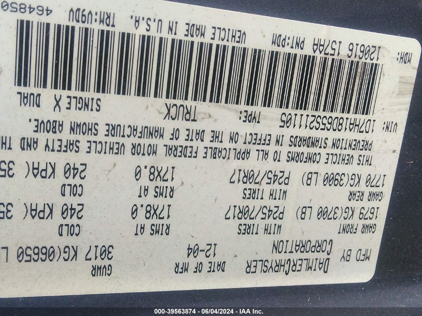 2005 Dodge Ram 1500 Slt/Laramie VIN: 1D7HA18D65S211105 Lot: 39563874