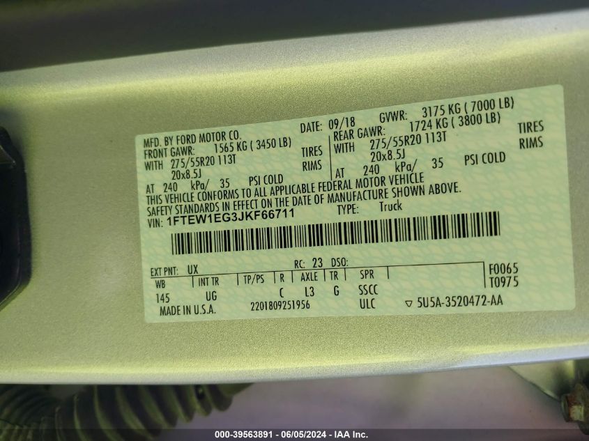 2018 Ford F-150 Xlt VIN: 1FTEW1EG3JKF66711 Lot: 39563891