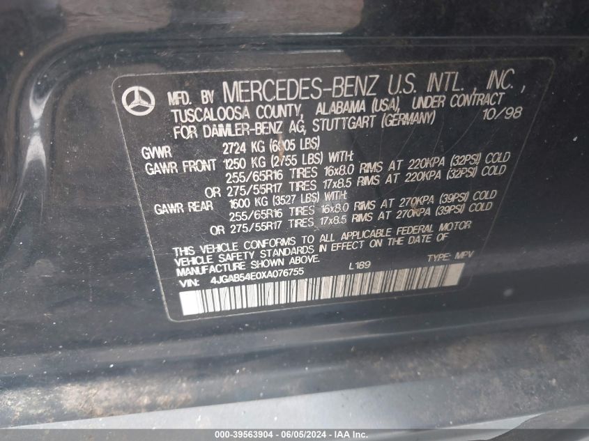 1999 Mercedes-Benz Ml 320 VIN: 4JGAB54E0XA076755 Lot: 39563904