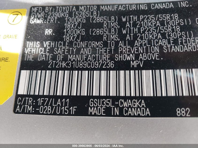 2009 Lexus Rx 350 VIN: 2T2HK31U89C097236 Lot: 39563905