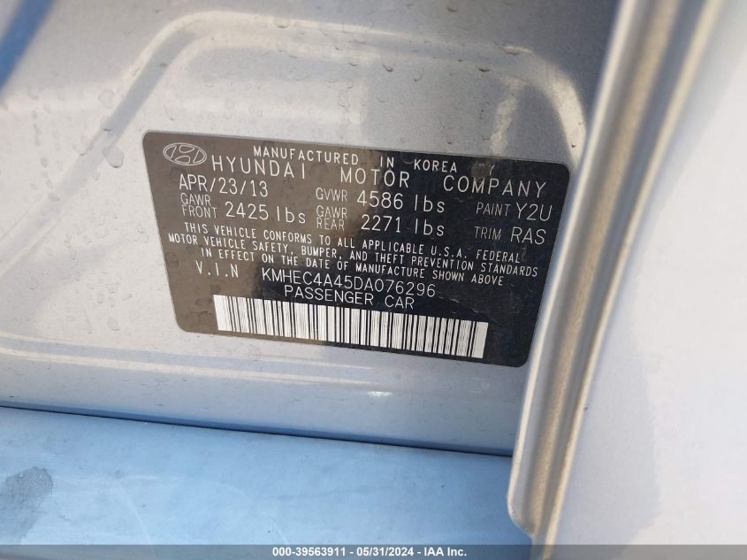 2013 Hyundai Sonata Hybrid VIN: KMHEC4A45DA076296 Lot: 39563911