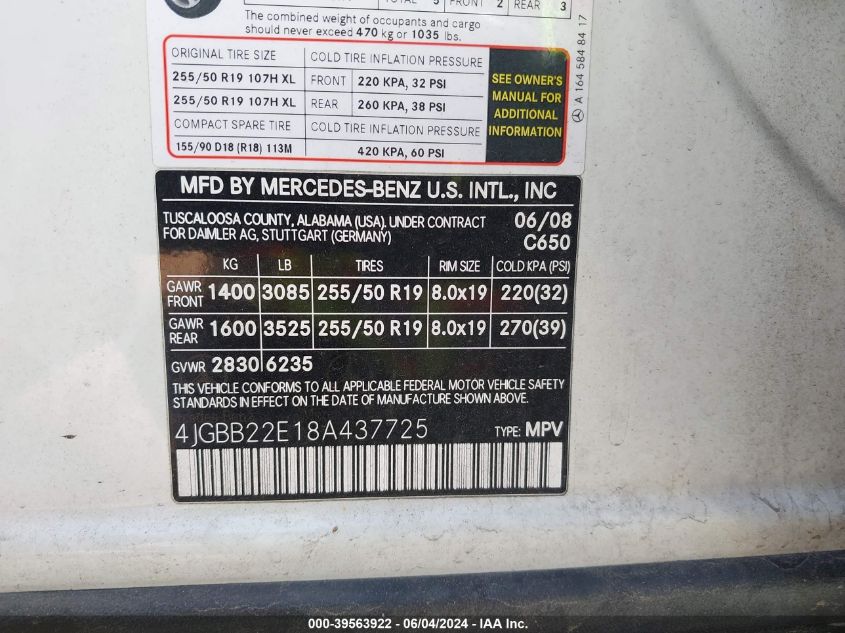 2008 Mercedes-Benz Ml 320 Cdi 4Matic VIN: 4JGBB22E18A437725 Lot: 39563922