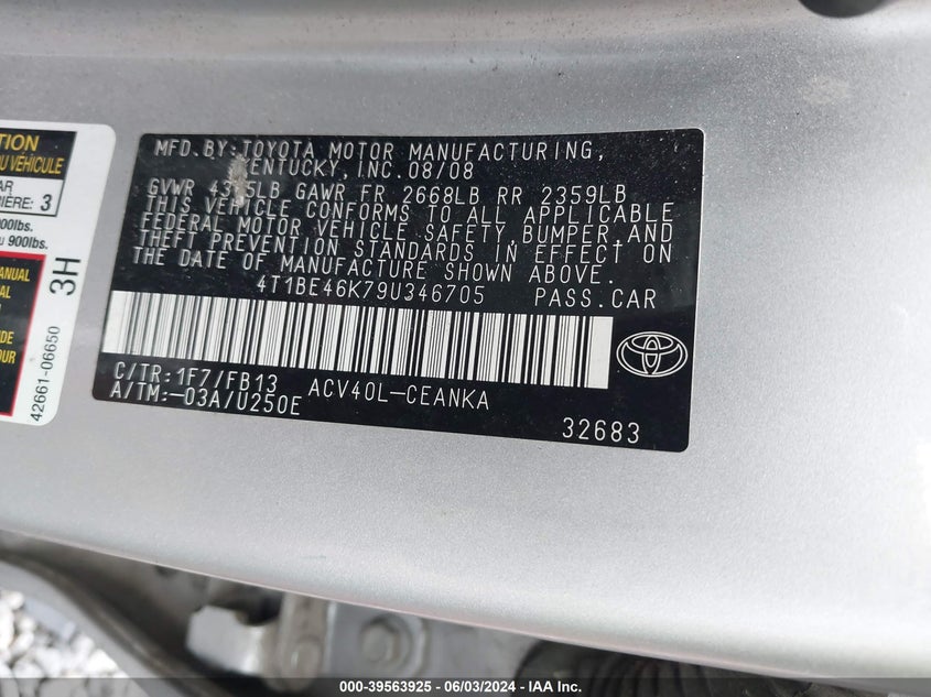 2009 Toyota Camry Le VIN: 4T1BE46K79U346705 Lot: 39563925