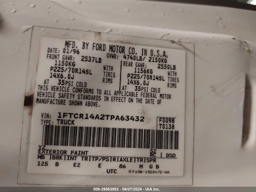 1996 Ford Ranger Super Cab VIN: 1FTCR14A2TPA63432 Lot: 39563953