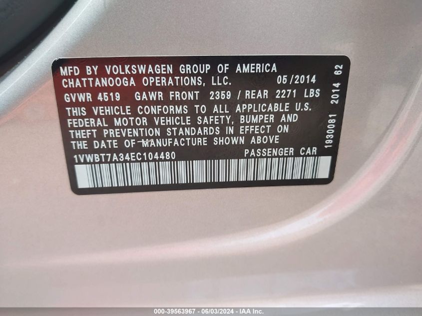 2014 Volkswagen Passat 1.8T Se VIN: 1VWBT7A34EC104480 Lot: 39563967