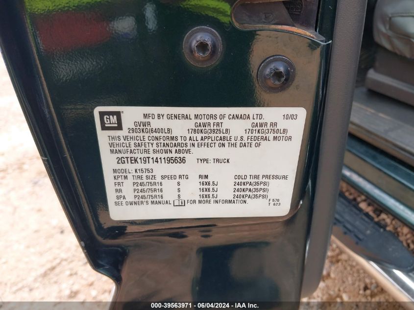 2004 GMC Sierra 1500 Sle VIN: 2GTEK19T141195636 Lot: 39563971
