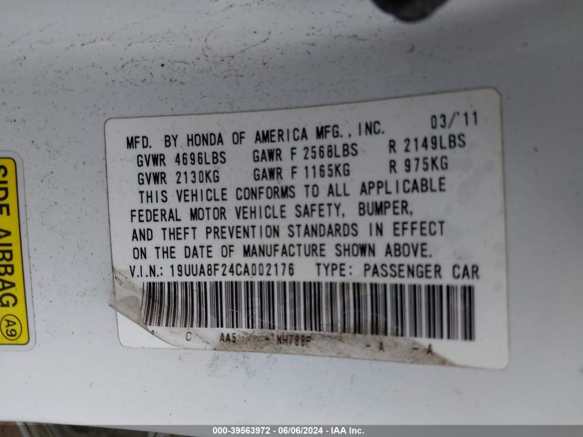 2012 Acura Tl 3.5 VIN: 19UUA8F24CA002176 Lot: 39563972