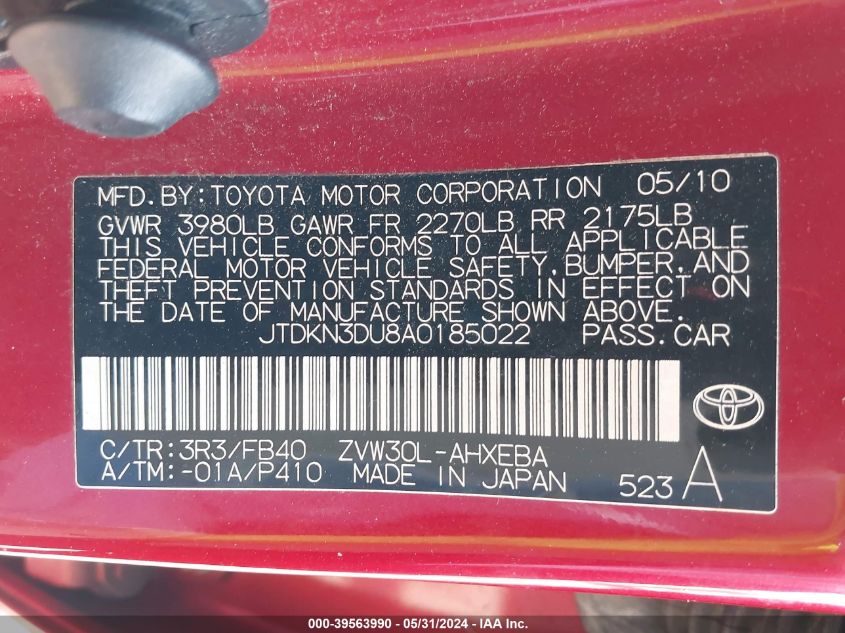 2010 Toyota Prius Iii VIN: JTDKN3DU8A0185022 Lot: 39563990
