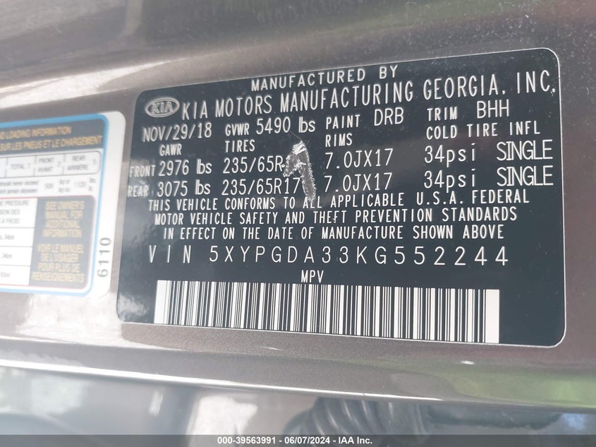2019 Kia Sorento 2.4L Lx VIN: 5XYPGDA33KG552244 Lot: 39563991