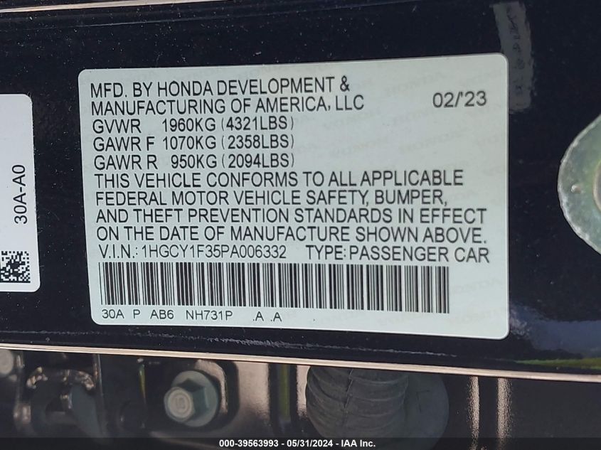 1HGCY1F35PA006332 | 2023 HONDA ACCORD