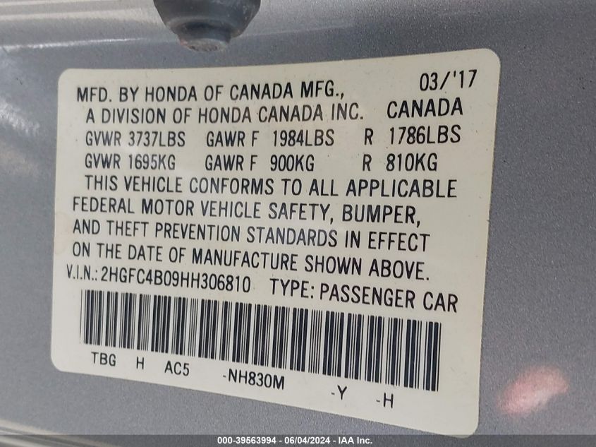VIN 2HGFC4B09HH306810 2017 HONDA CIVIC LX-P