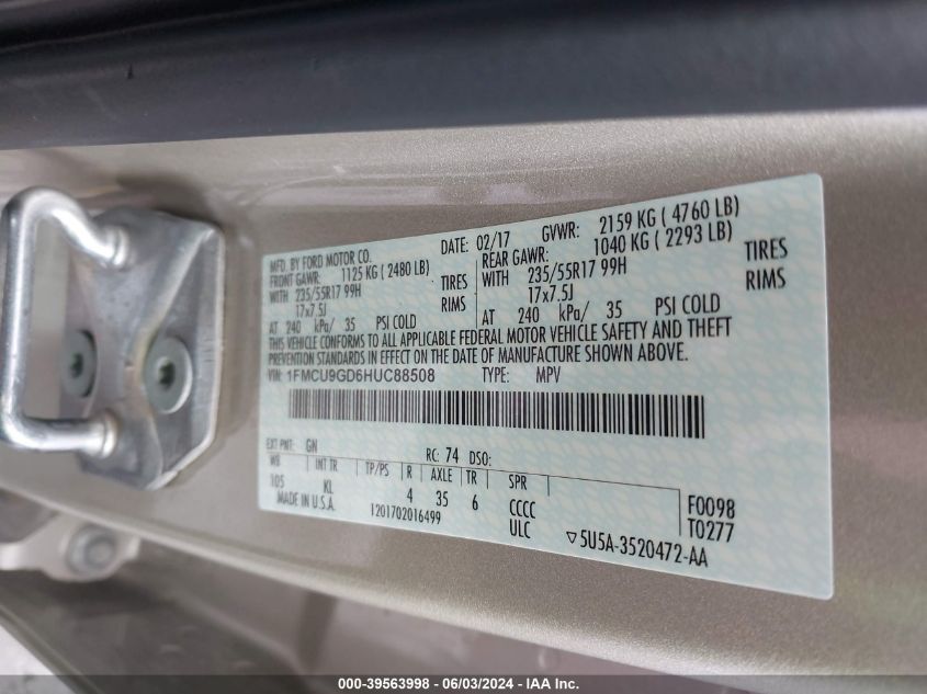 2017 Ford Escape Se VIN: 1FMCU9GD6HUC88508 Lot: 39563998