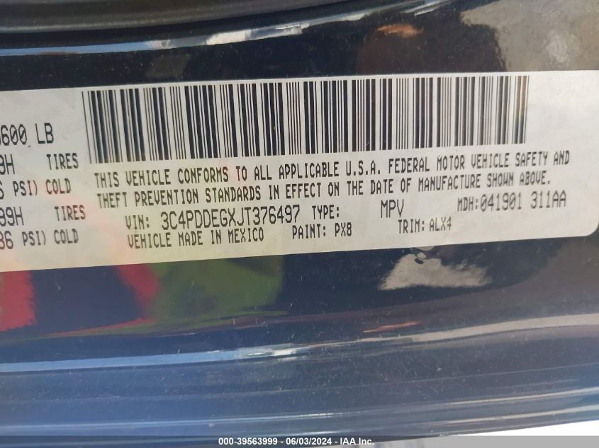 2018 Dodge Journey Gt Awd VIN: 3C4PDDEGXJT376497 Lot: 39563999