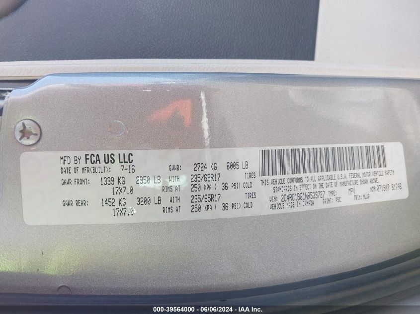 2017 Chrysler Pacifica Touring-L VIN: 2C4RC1BG1HR539727 Lot: 39564000