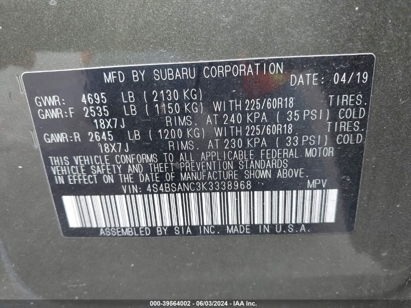 2019 SUBARU OUTBACK 2.5I LIMITED - 4S4BSANC3K3338968