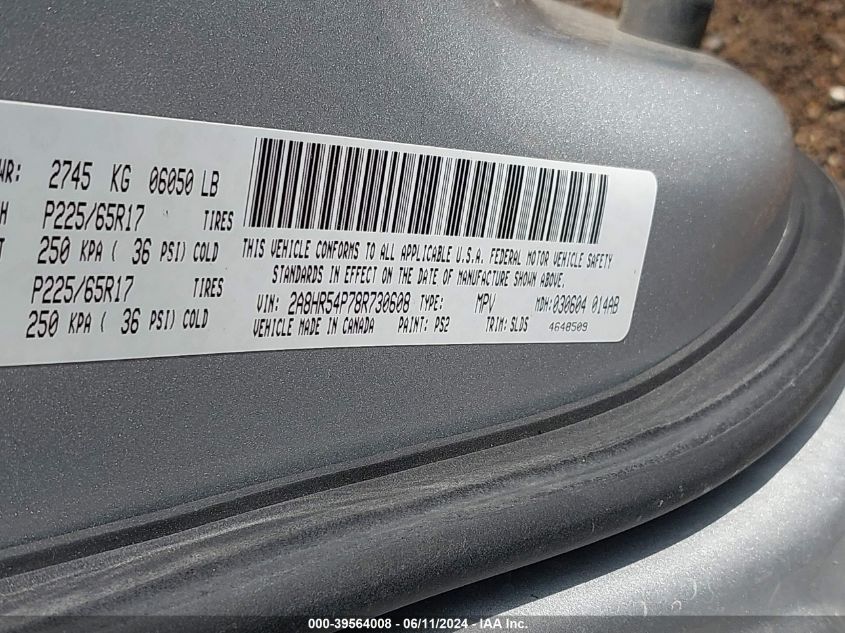 2008 Chrysler Town & Country Touring VIN: 2A8HR54P78R730608 Lot: 39564008