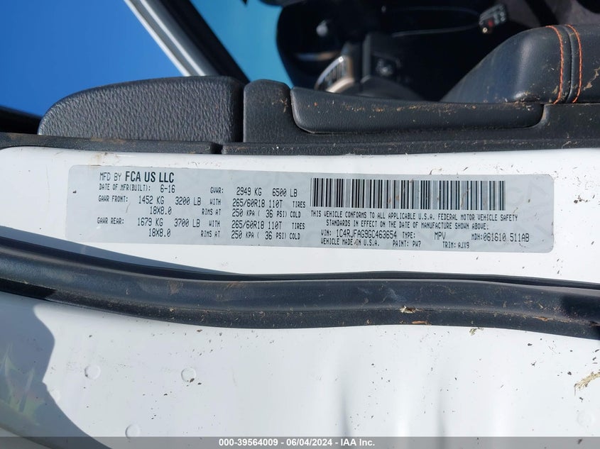 2016 Jeep Grand Cherokee 75Th Anniversary VIN: 1C4RJFAG9GC463654 Lot: 39564009