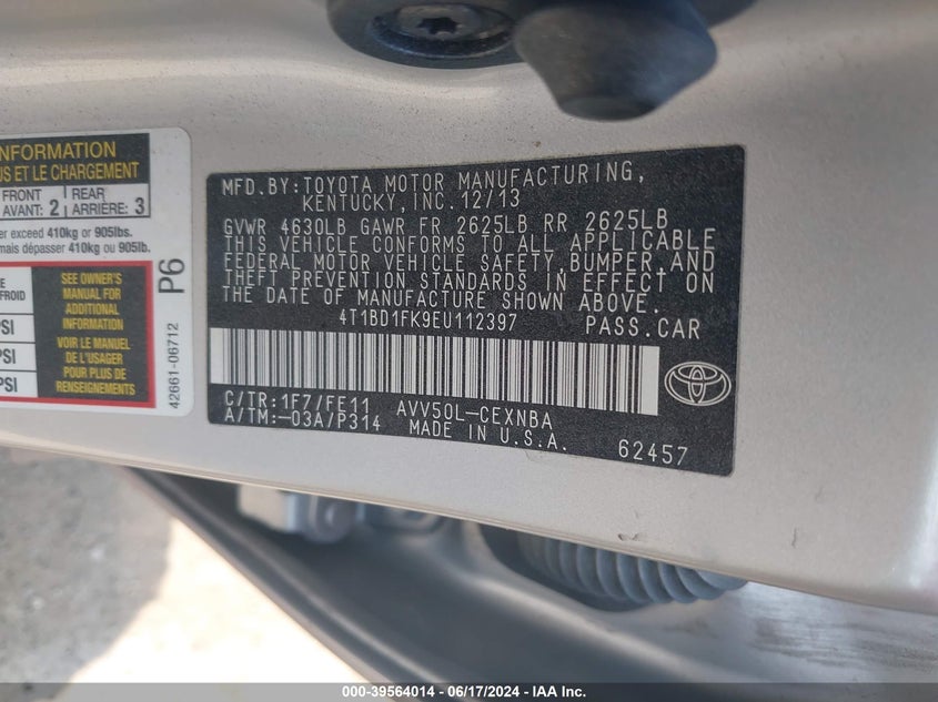 2014 Toyota Camry Hybrid Le VIN: 4T1BD1FK9EU112397 Lot: 39564014