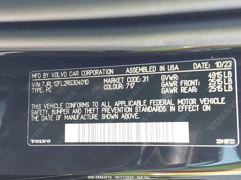 2024 Volvo S60 B5 Plus Dark Theme VIN: 7JRL12FL2RG304010 Lot: 39564016