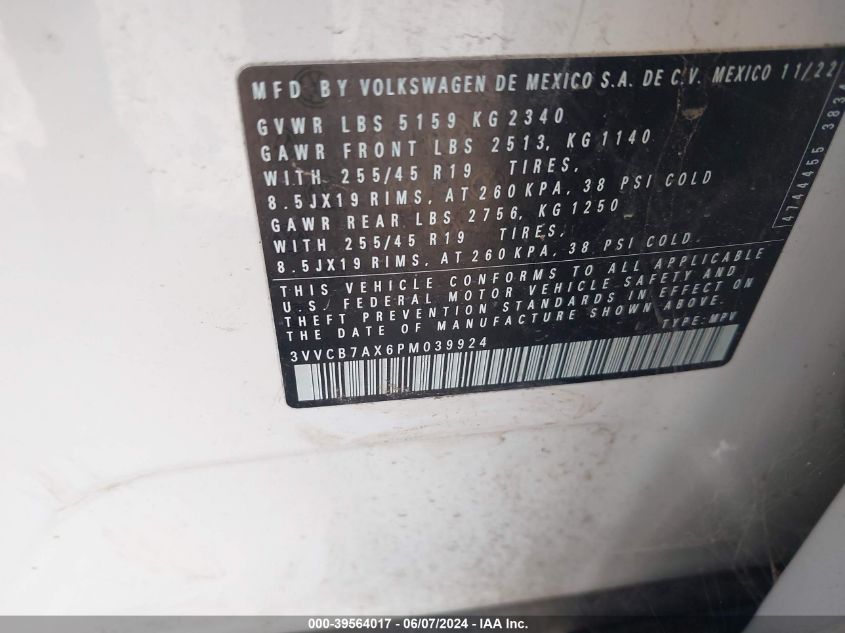 2023 Volkswagen Tiguan 2.0T Se R-Line Black VIN: 3VVCB7AX6PM039924 Lot: 39564017