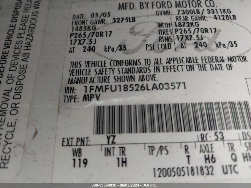 2006 Ford Expedition Eddie Bauer/King Ranch VIN: 1FMFU18526LA03571 Lot: 39564030