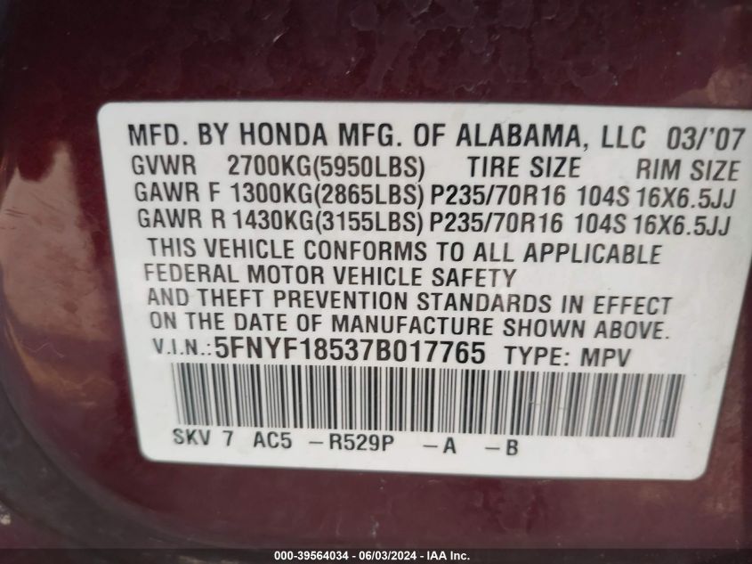 2007 Honda Pilot Ex-L VIN: 5FNYF18537B017765 Lot: 39564034