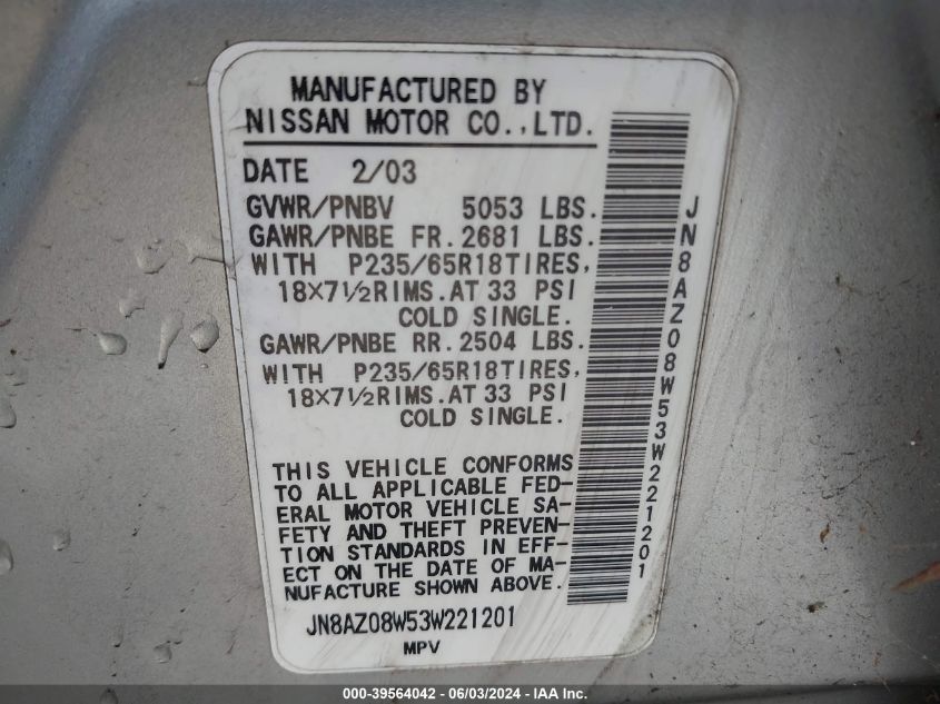 2003 Nissan Murano Sl VIN: JN8AZ08W53W221201 Lot: 39564042