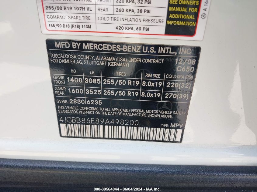 2009 Mercedes-Benz Ml 350 4Matic VIN: 4JGBB86E89A498200 Lot: 39564044