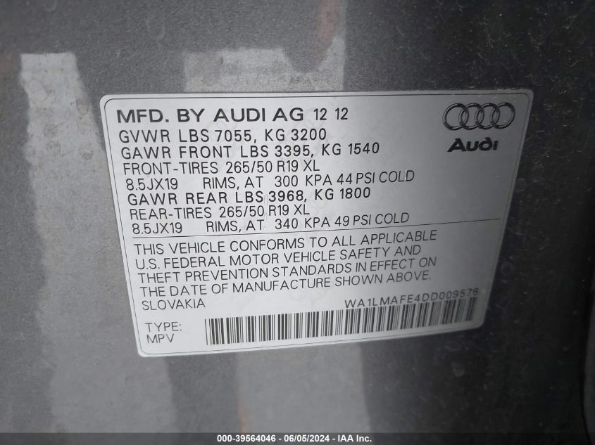 2013 Audi Q7 3.0 Tdi Premium VIN: WA1LMAFE4DD009576 Lot: 39564046