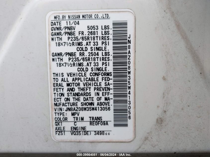 2005 Nissan Murano Sl VIN: JN8AZ08W35W413056 Lot: 39564051