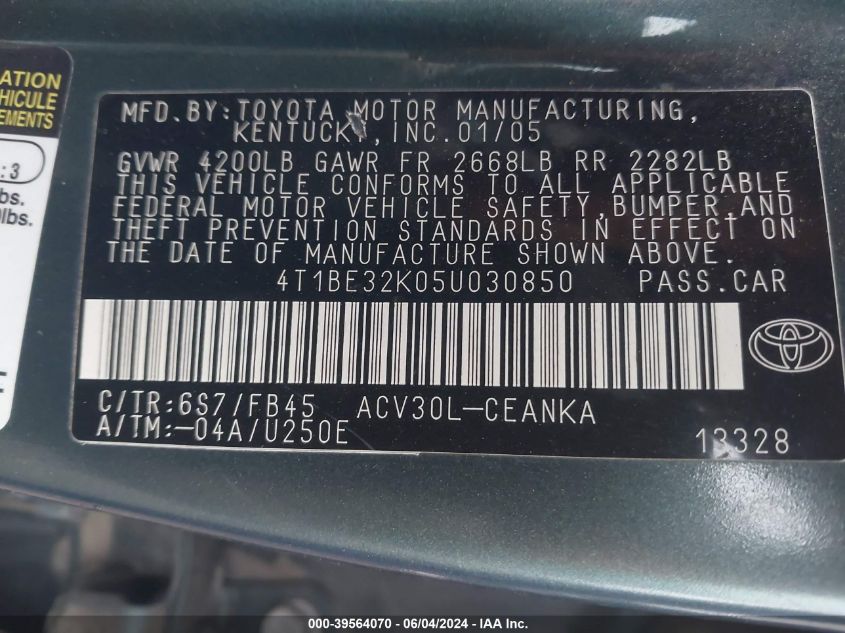 2005 Toyota Camry Le VIN: 4T1BE32K05U030850 Lot: 39564070