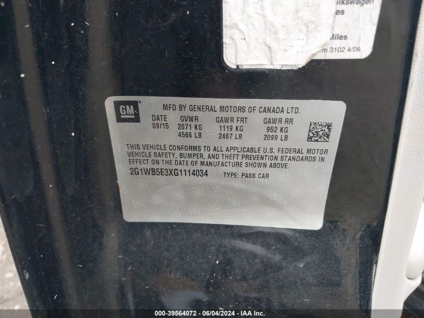 2016 Chevrolet Impala Limited Lt VIN: 2G1WB5E3XG1114034 Lot: 39564072