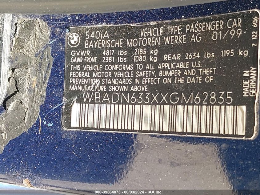 1999 BMW 540Ia VIN: WBADN633XXGM62835 Lot: 39564073
