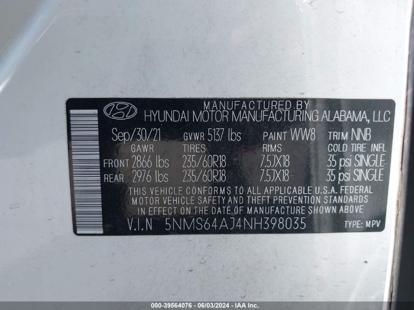 2022 Hyundai Santa Fe Xrt VIN: 5NMS64AJ4NH398035 Lot: 39564076