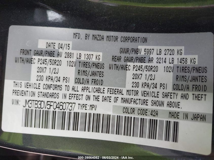 2015 MAZDA CX-9 GRAND TOURING - JM3TB3DV5F0460737