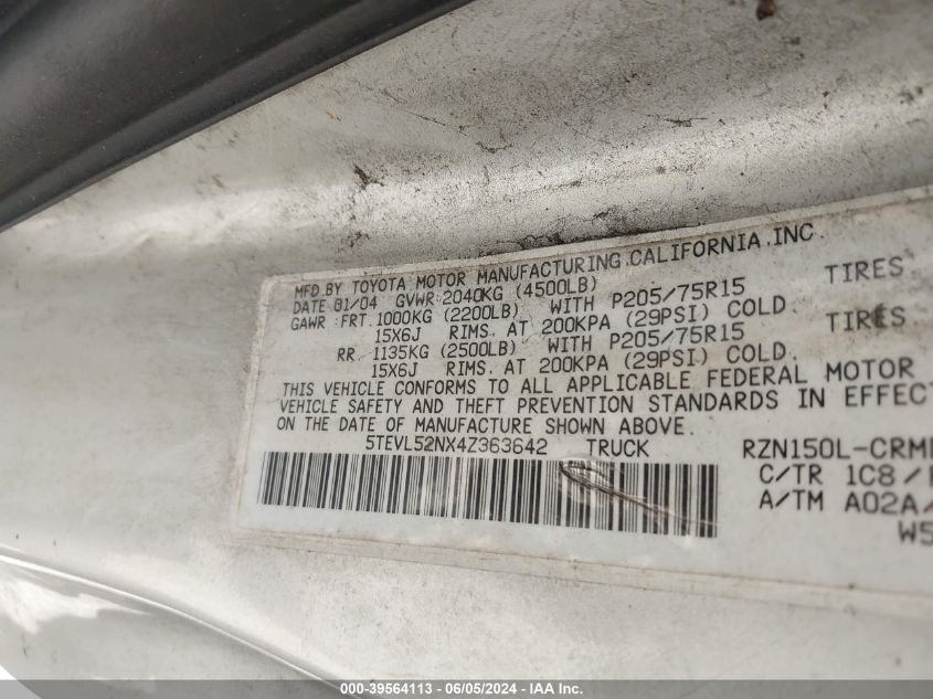 2004 Toyota Tacoma VIN: 5TEVL52NX4Z363642 Lot: 39564113
