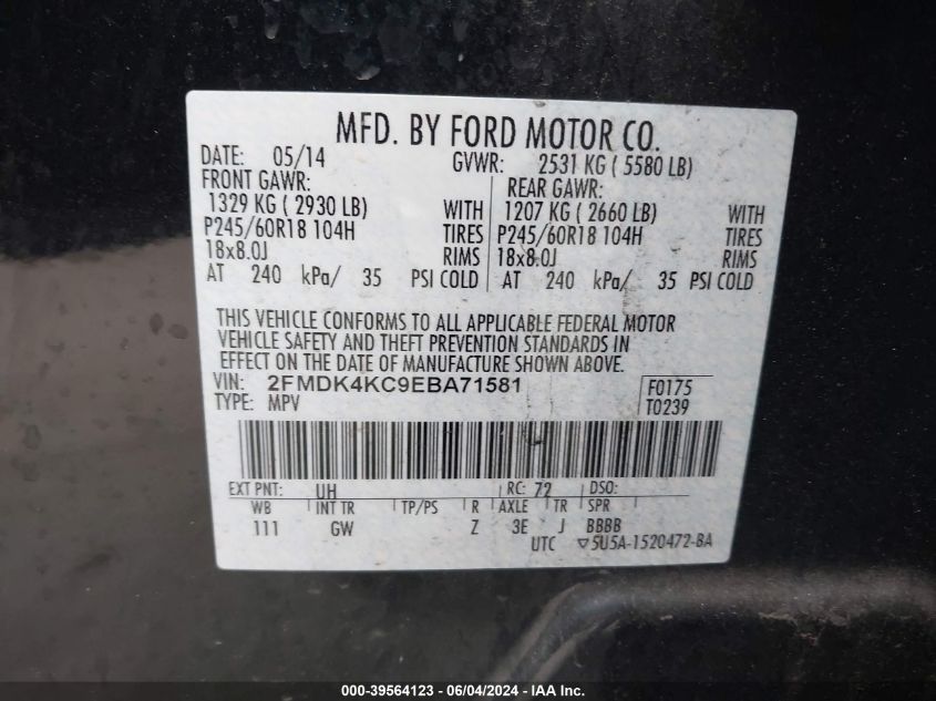 2014 Ford Edge Limited VIN: 2FMDK4KC9EBA71581 Lot: 39564123