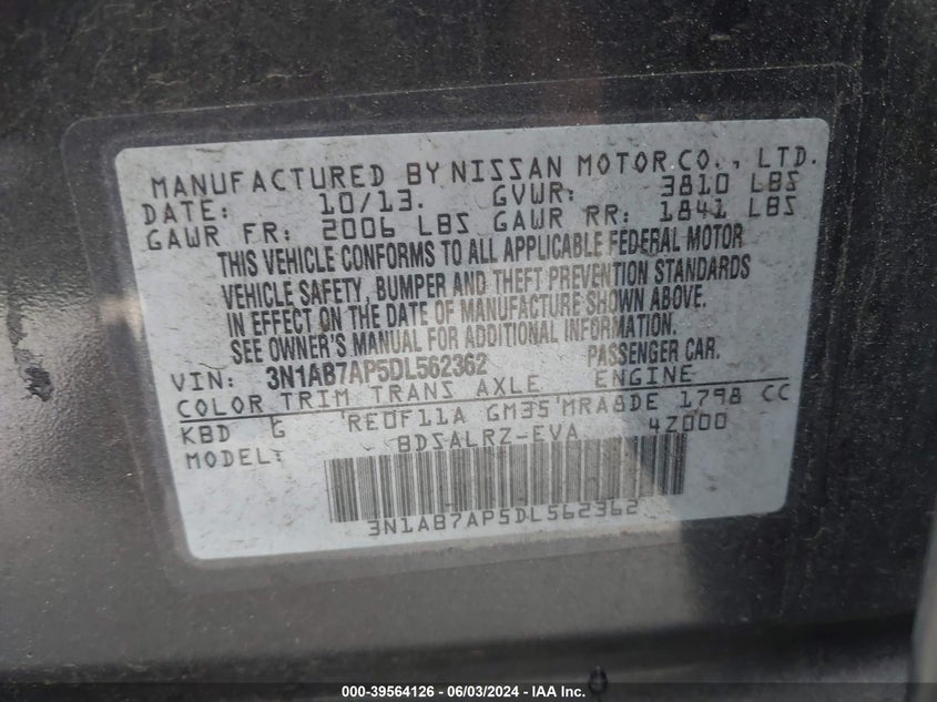 2013 Nissan Sentra Sr VIN: 3N1AB7AP5DL562362 Lot: 39564126