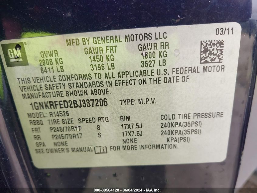 2011 Chevrolet Traverse Ls VIN: 1GNKRFED2BJ337206 Lot: 39564128