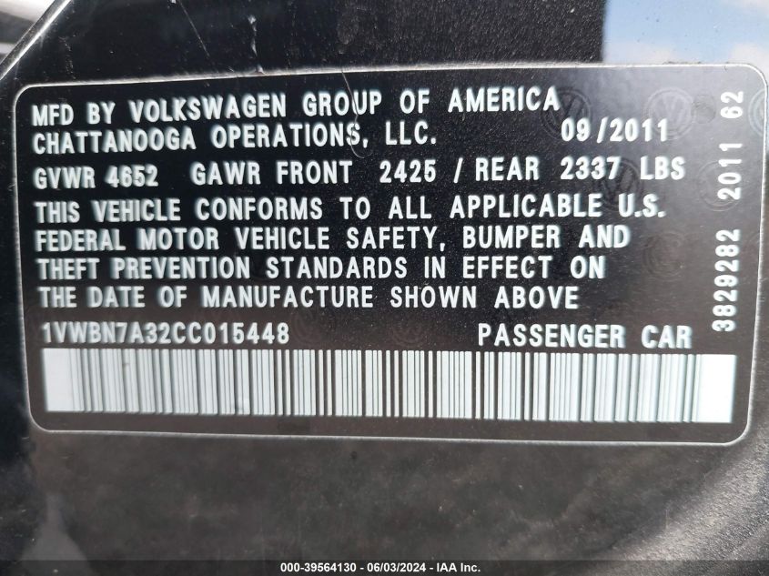 2012 Volkswagen Passat 2.0L Tdi Se VIN: 1VWBN7A32CC015448 Lot: 39564130