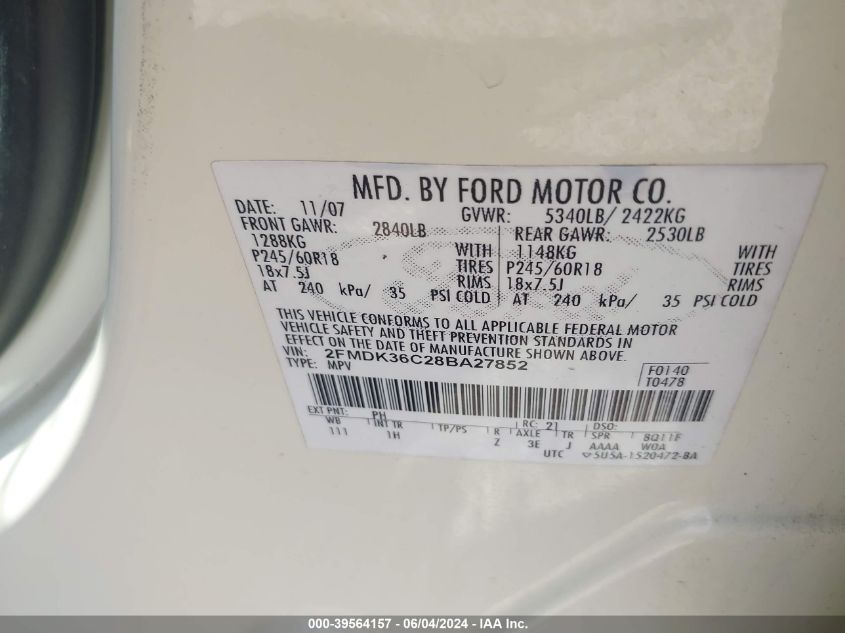 2008 Ford Edge Se VIN: 2FMDK36C28BA27852 Lot: 39564157