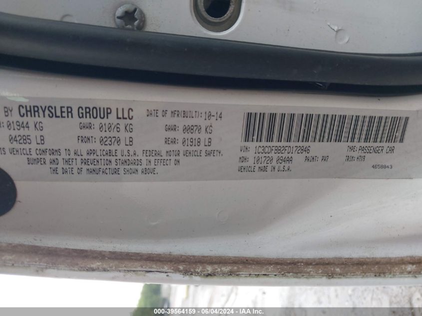 2015 Dodge Dart Sxt VIN: 1C3CDFBB2FD172846 Lot: 39564159