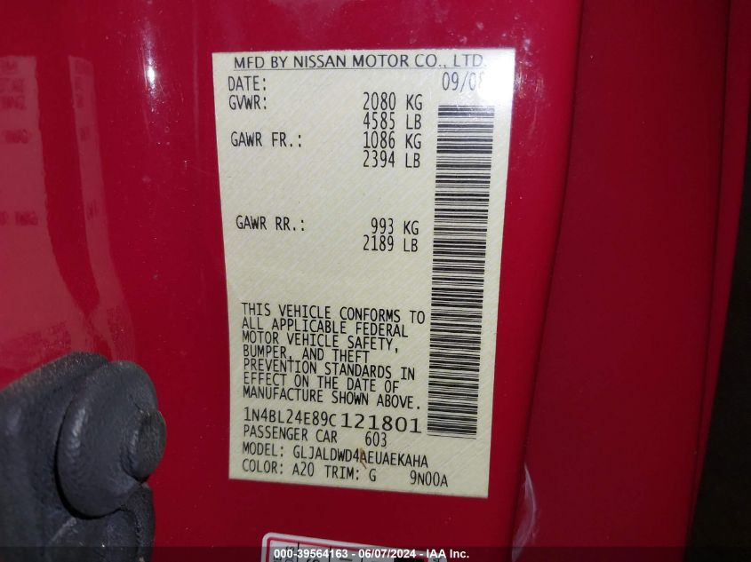 2009 Nissan Altima 3.5 Se VIN: 1N4BL24E89C121801 Lot: 39564163