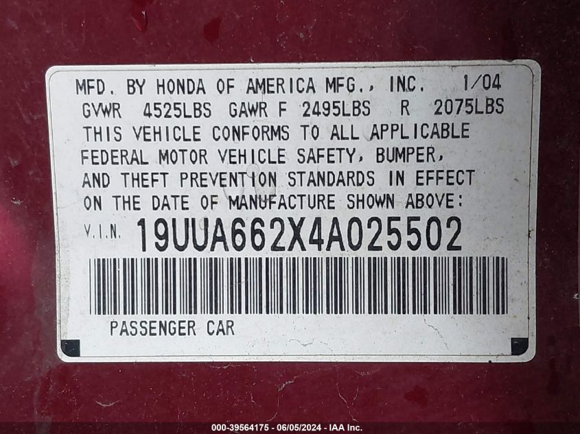 2004 Acura Tl VIN: 19UUA662X4A025502 Lot: 39564175
